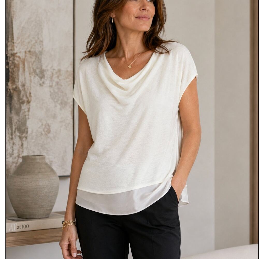 Fabiana Filippi Ivory Cowl Neck Mixed Media Top Made Italy Cotton Quiet Luxury